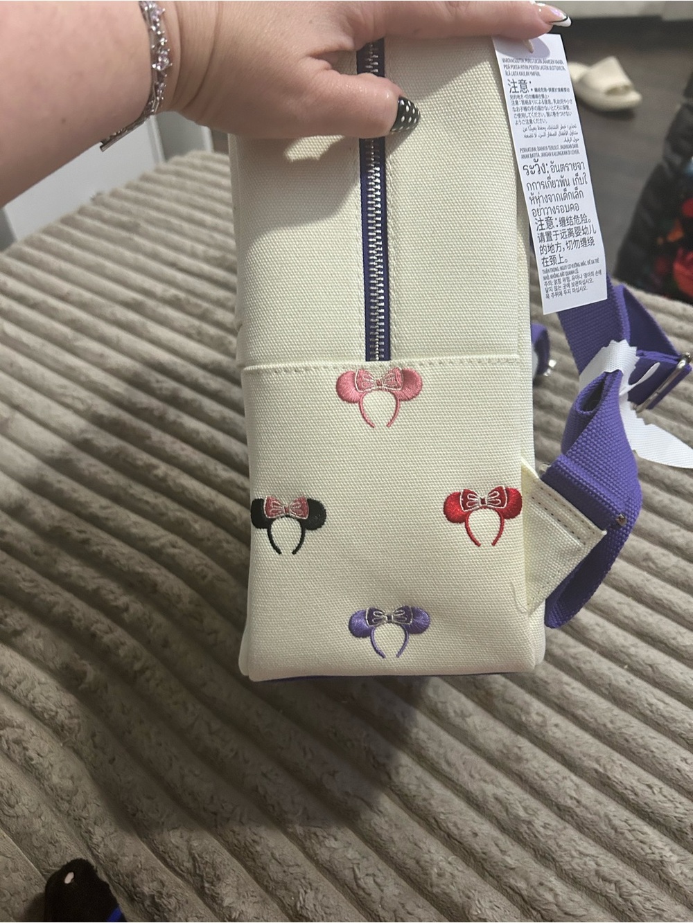 Loungefly Cream Mini Backpack with Purple Handles and Multicolor Minnie Icons - Picture 6 of 6